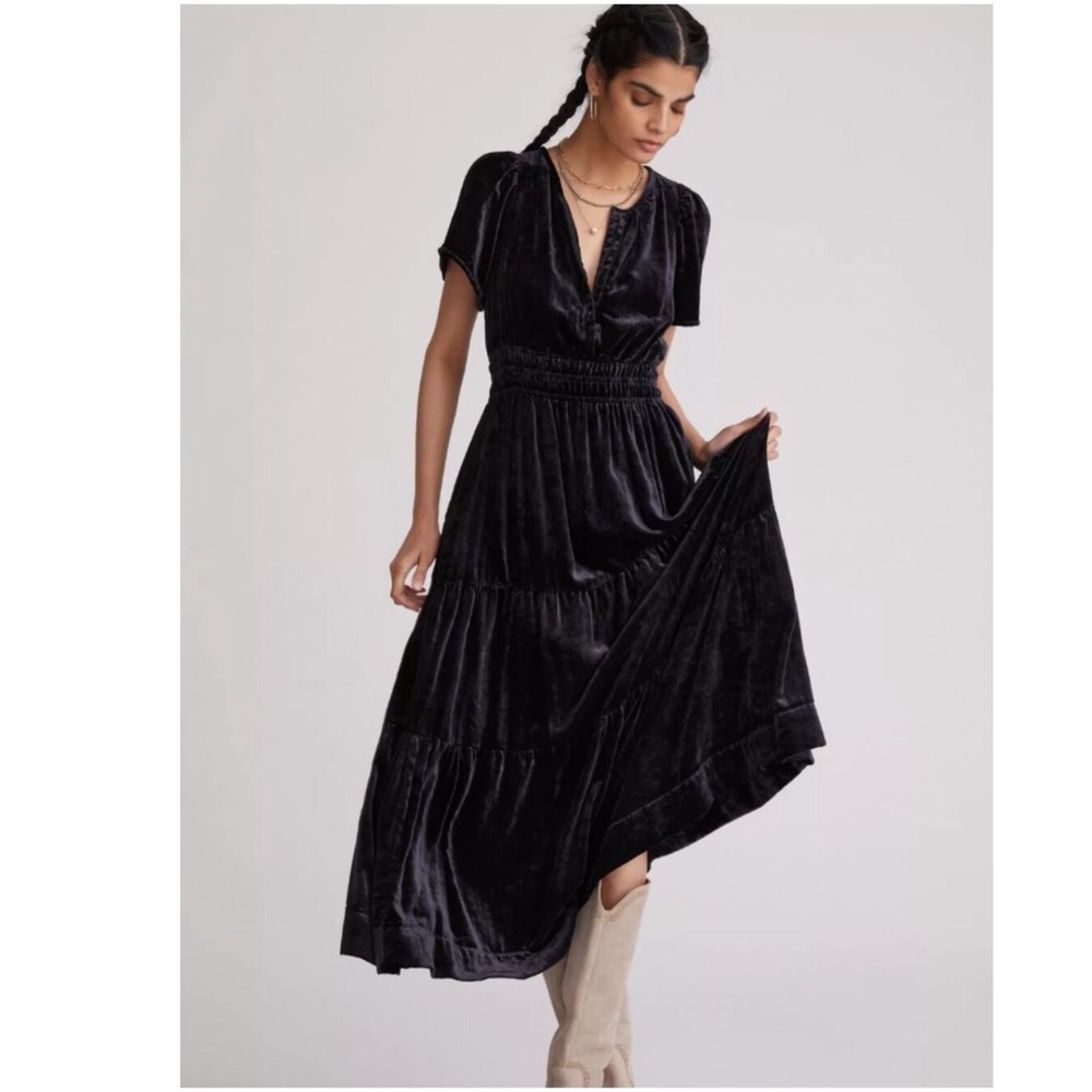 Anthropologie Somerset Velvet Maxi Dress Medium Petite Black Witchy Boho Luxe